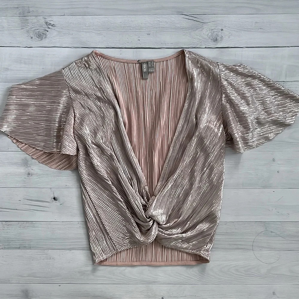 ASOS Blush Metallic Pleated Knotted Crop Top US 0